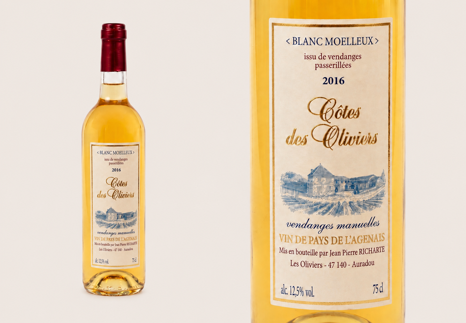 Bouteille de Côtes des Oliviers blanc moelleux, millésime 2016, avec zoom sur l'étiquette