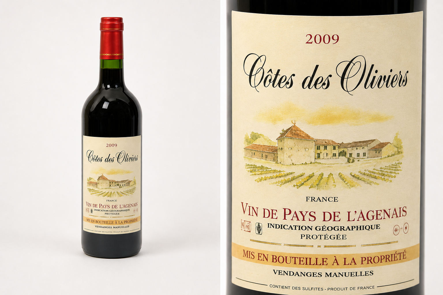 Bouteille de Côtes des Oliviers rouge, millésime 2009