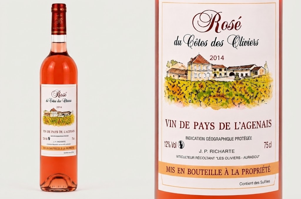 Bouteille de Rosé du Côtes des Oliviers, millésime 2014, avec zoom sur l'étiquette