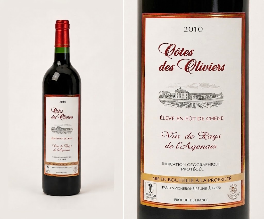 Bouteille de Côtes des Oliviers rouge élevé en fût de chêne, millésime 2010