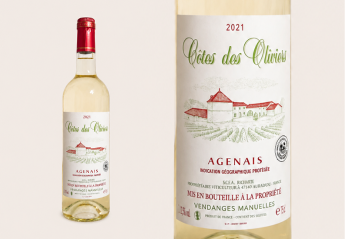 Bouteille de Côtes des Oliviers blanc sec, millésime 2020